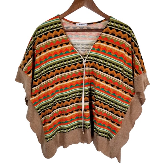 XTaren Tribal Stripe Poncho Top V-Neck Boho Chic Bohemian Shawl Cover Up - Picture 1 of 9